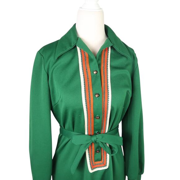 Vintage 70s Dark Green Shirt Dress Striped Trim Knee Length M - Picture 2 of 5